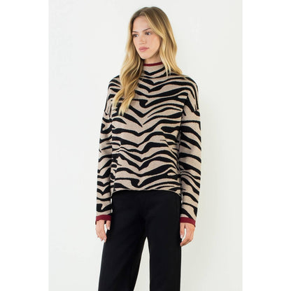 High Neck Zebra Printed Long Sleeve Knit Top