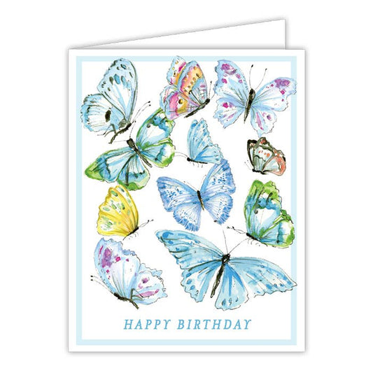 Handpainted Happy Birthday Blue Butterflies Greeting Card