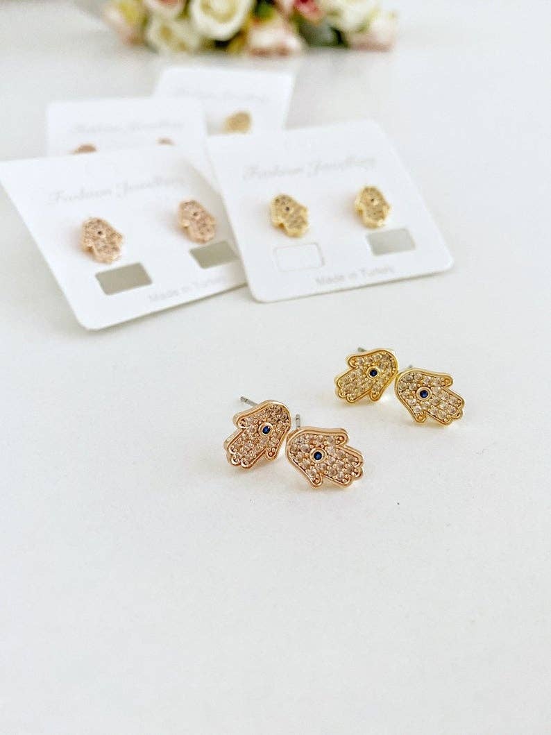 Hamsa Earrings, Hamsa Hand Stud Earrings, Evil Eye Earring, Zircon