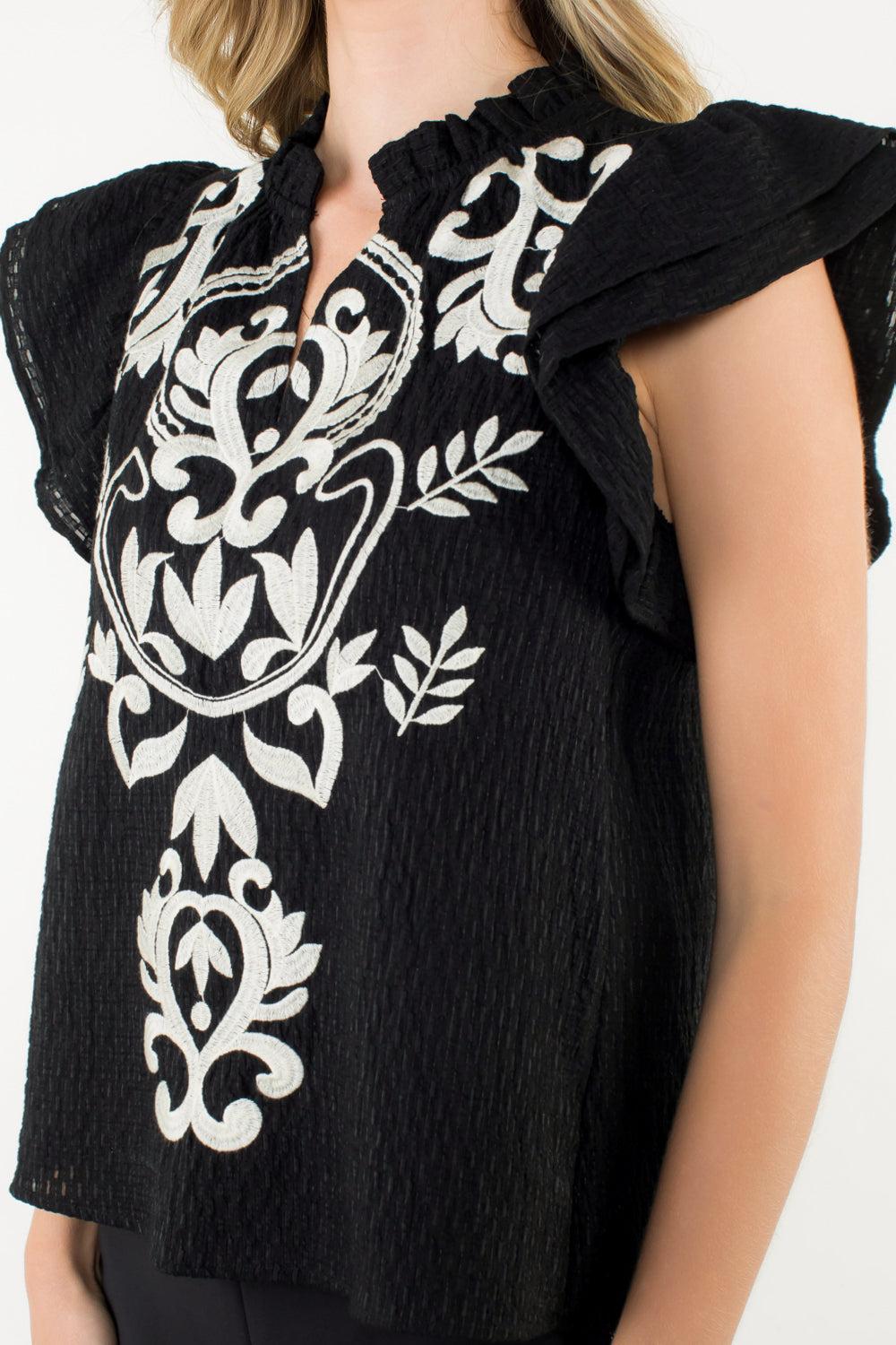 Flutter Sleeve Embroidered Textured Top