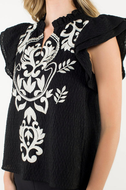 Flutter Sleeve Embroidered Textured Top