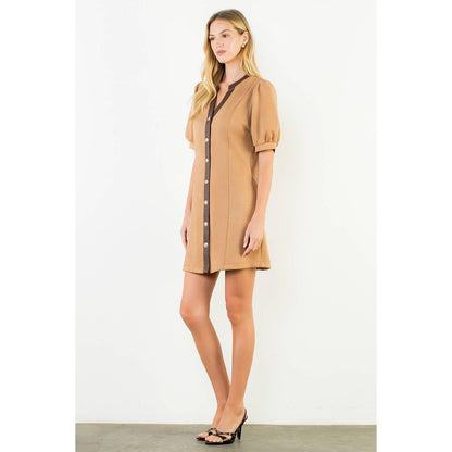Suede Short Dress With Gold Buttons
