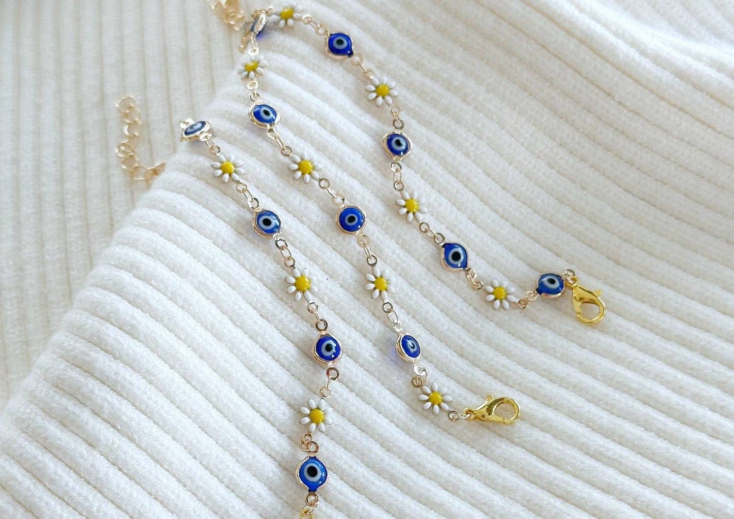 Gold Daisy Flower Bracelet with Evil Eye