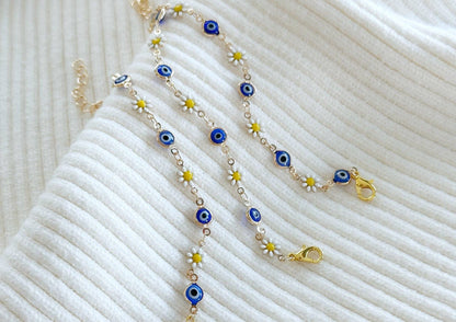 Gold Daisy Flower Bracelet with Evil Eye