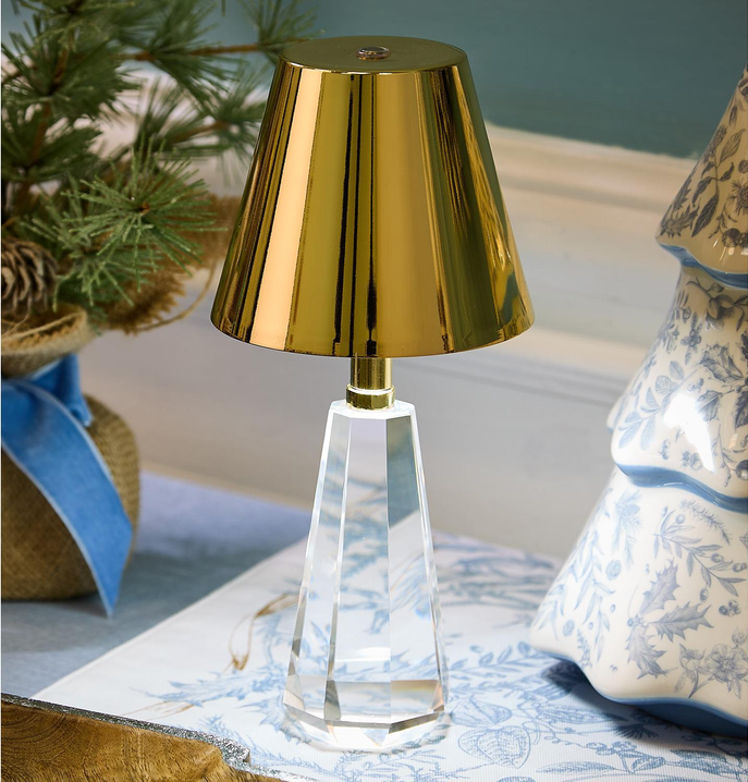 Faceted Crystal-Style Glass LED Cordless Table Lamp with Gold Metallic Shade