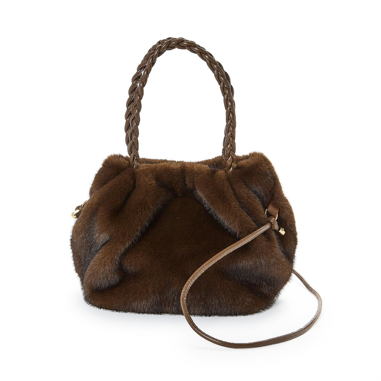 Cocoa Puff Faux Fur Bag with Vegan Braided Strap and Longer Removable Cross Body Strap