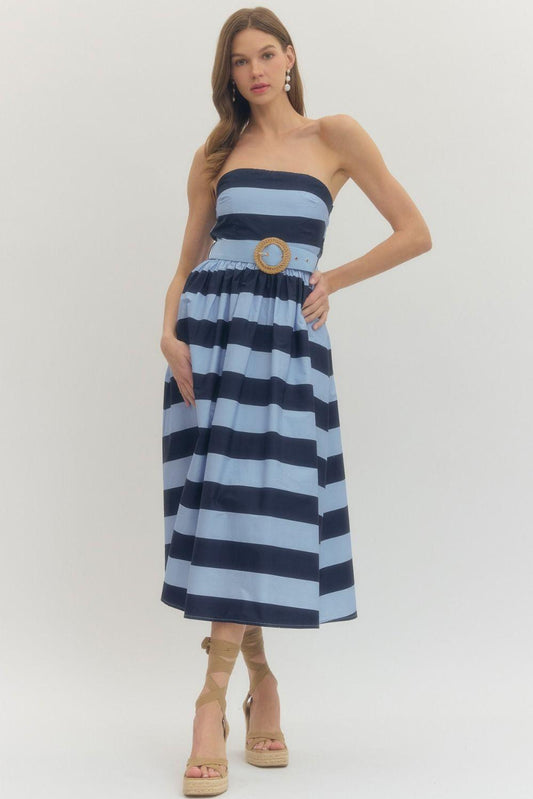 Striped Strapless Belted Midi Dress