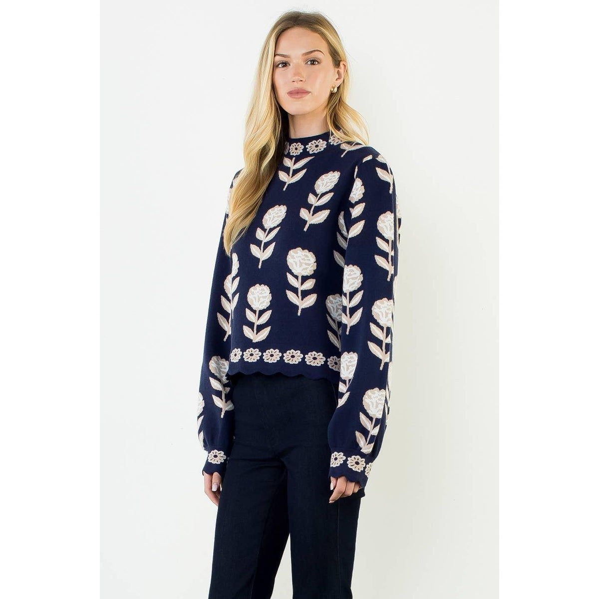 Flower Print Turtle Neck Sweater