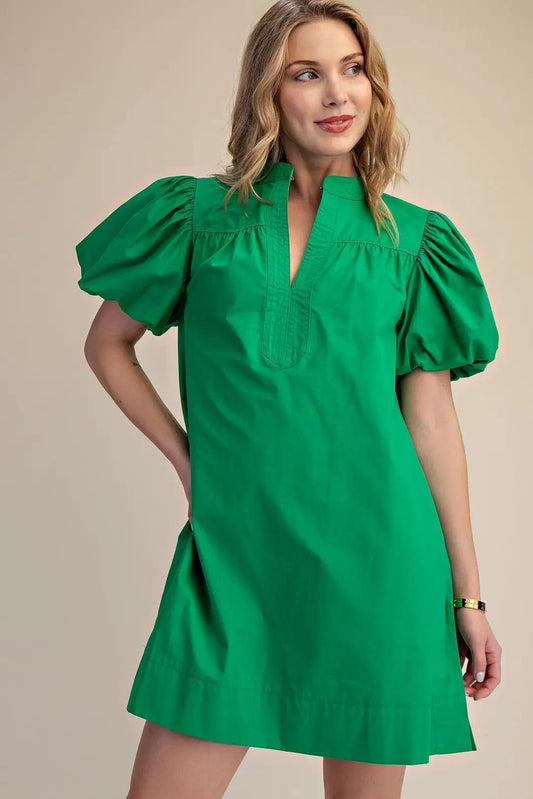 China Collar V-Neck Bubble Sleeve Mini Dress