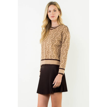 Bow Print Sweater With Button Shoulder Detail