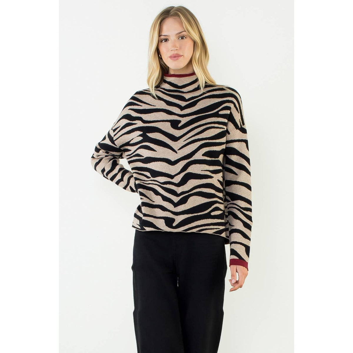 High Neck Zebra Printed Long Sleeve Knit Top