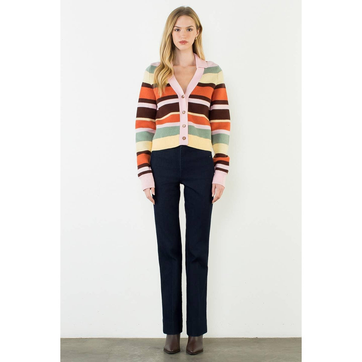 Multi Stripe Collared Colored Cardigan