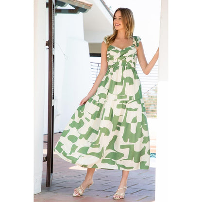 Ruffle Strap Abstract Tiered Maxi Dress
