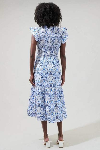 Marisol Floral Giza Glare Smock Tiered Midi Dress