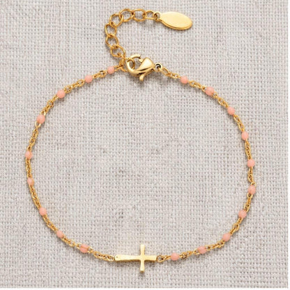 Colorful Enamel Bead and Cross Charm Bracelet