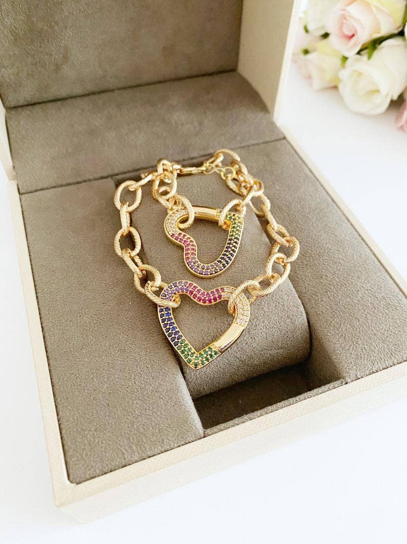 Gold Chunky Heart Bracelet, Love Heart Charm Bracelet, Love Bracelet