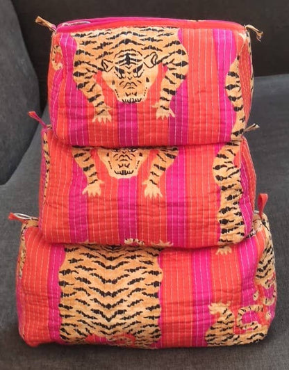 Pink & Orange Tiger Cotton Quilted Makeup Bag/Cosmetic Bag