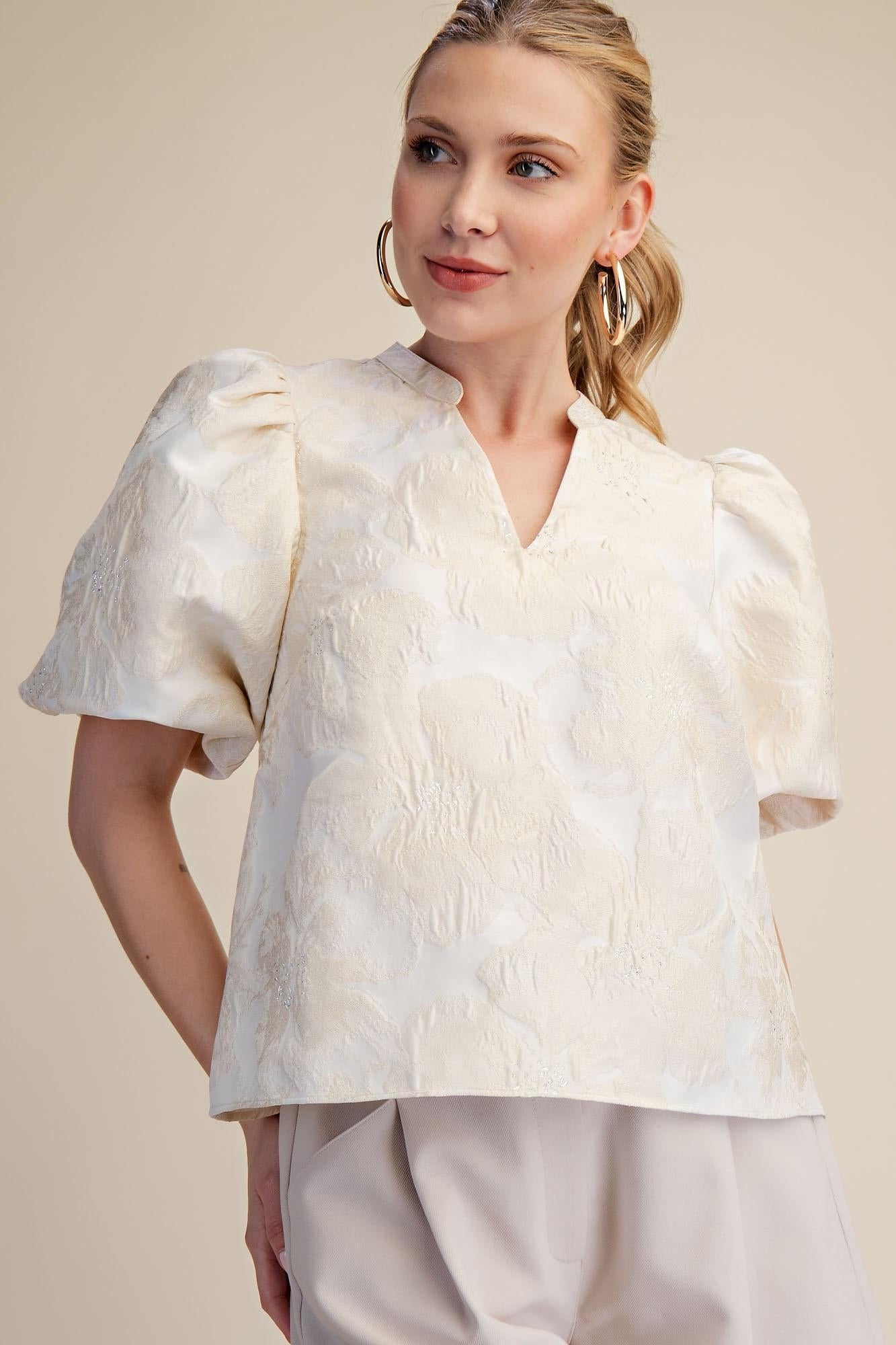V-Neck Puff Sleeve Jacquard Top