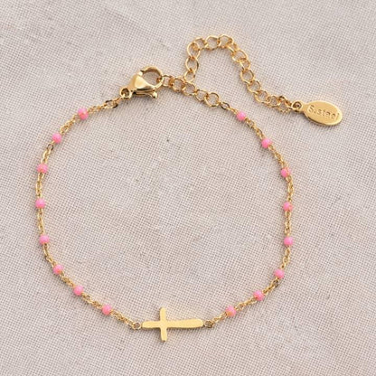 Colorful Enamel Bead and Cross Charm Bracelet
