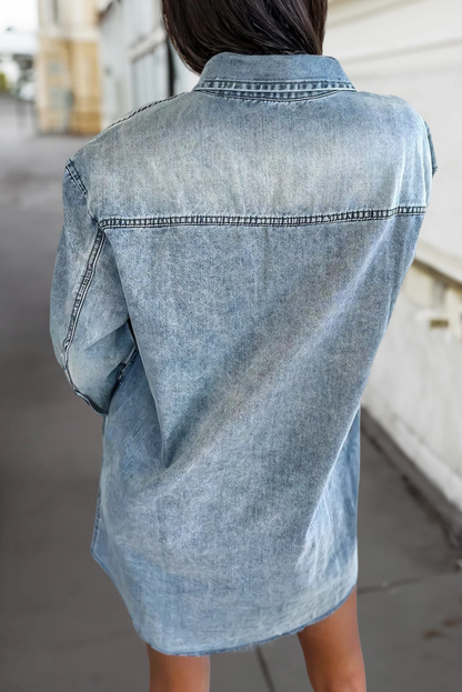 Chest Pocket Raw Hem Denim Shirt Dress | S-XL