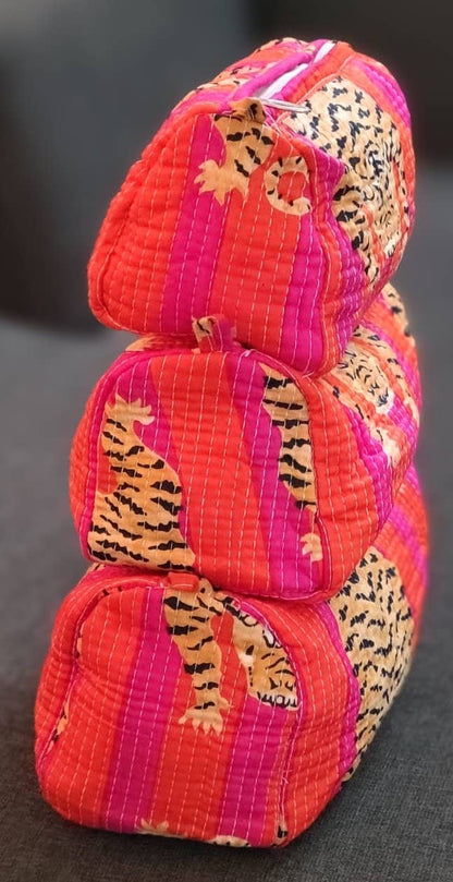 Pink & Orange Tiger Cotton Quilted Makeup Bag/Cosmetic Bag