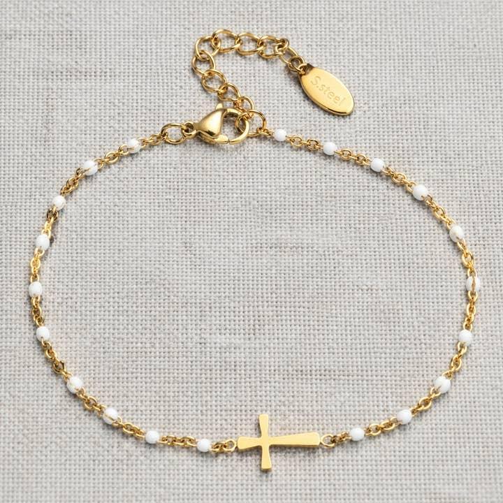 Colorful Enamel Bead and Cross Charm Bracelet