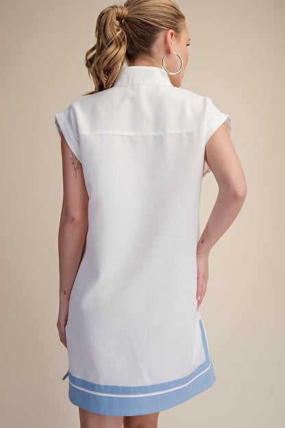 Stand Collar Contrast Placket Sleeveless Relaxed Fit Mini Dress
