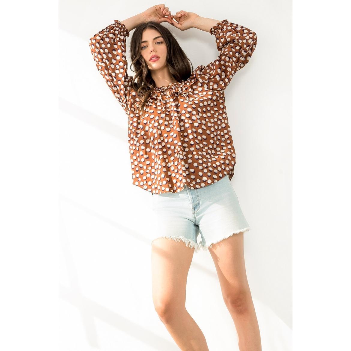 Ruffle Neck Rust Polka Dot Top with Long Sleeves