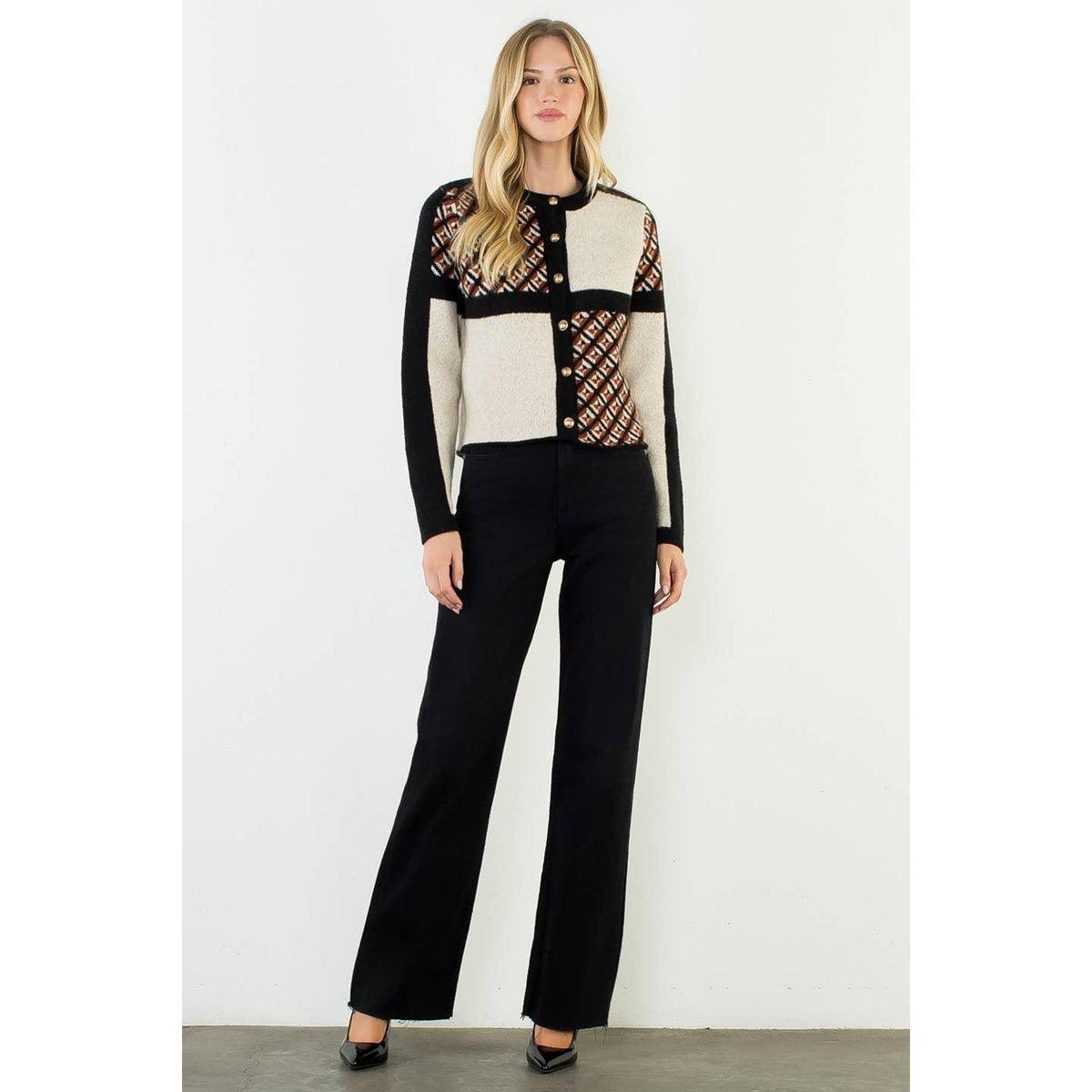 Geometric Pattern Cardigan With Gold Buttons
