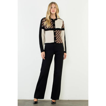 Geometric Pattern Cardigan With Gold Buttons