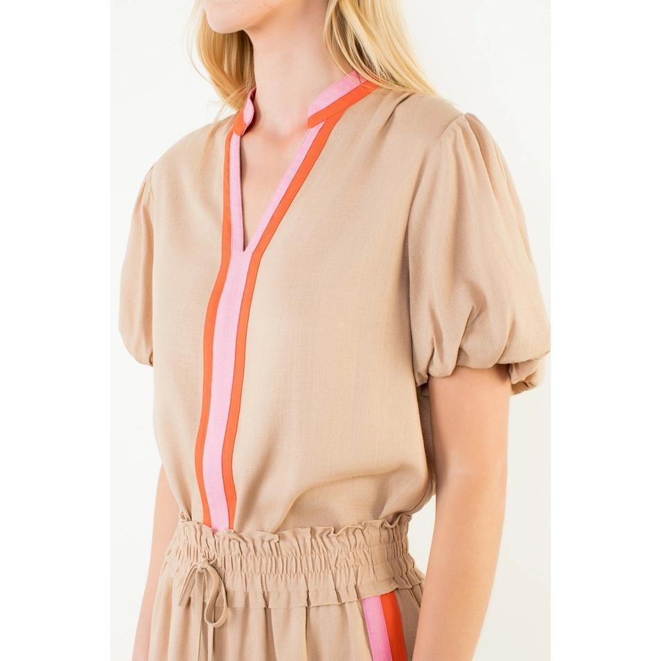 Puff Sleeve Stripe Detail V-Neck Top