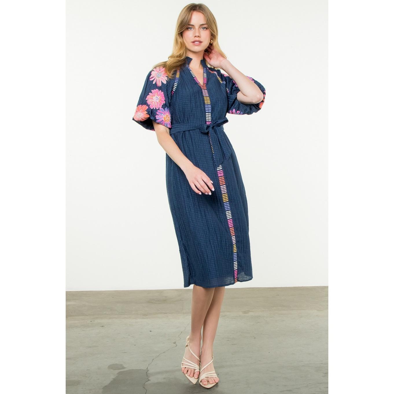 Embroidered Puff Sleeve Textured Dress