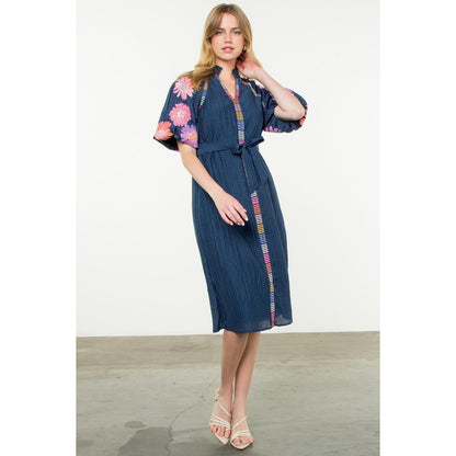 Embroidered Puff Sleeve Textured Dress