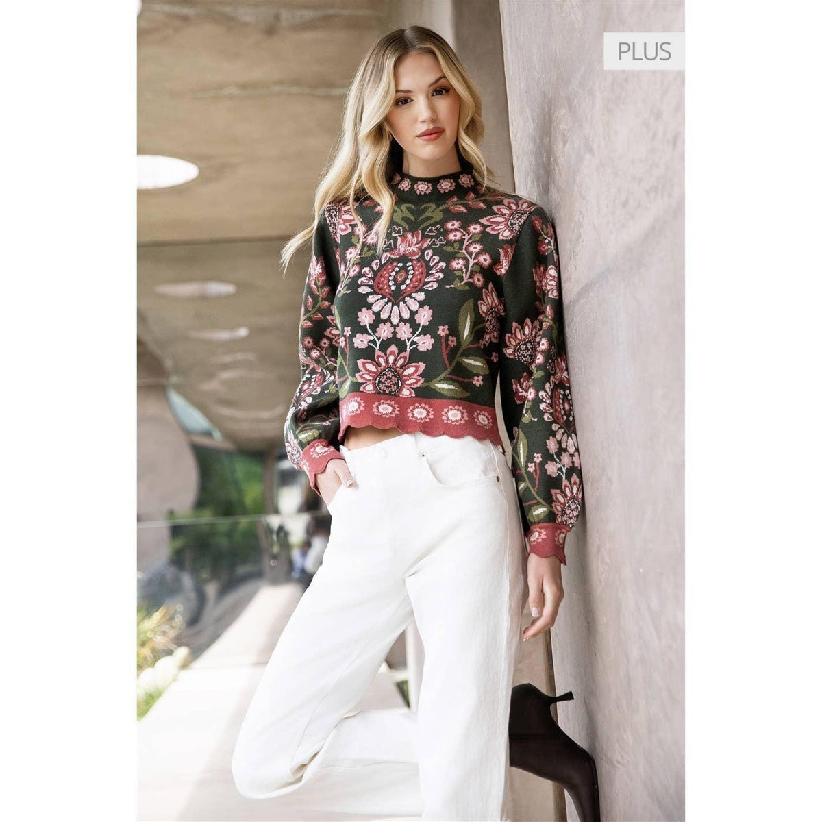 High Neck Long Sleeve Floral Sweater
