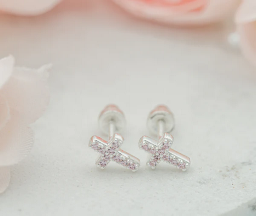 Children's Cubic Zirconia Cross Screwback Earring