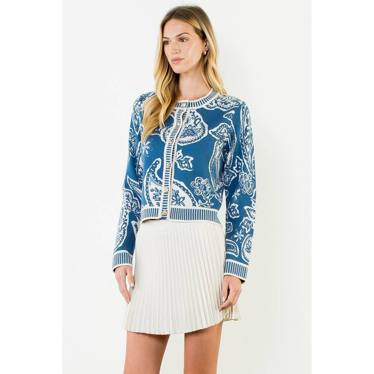 Long Sleeve Paisley Print Knit Cardigan