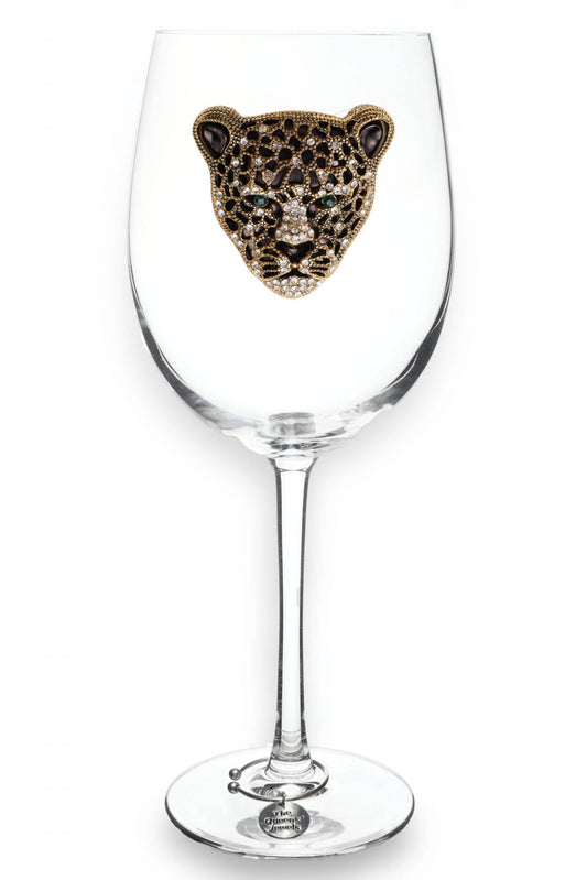 Gold and Black Leopard Jeweled Stemmed Wine Glass