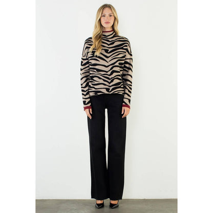High Neck Zebra Printed Long Sleeve Knit Top
