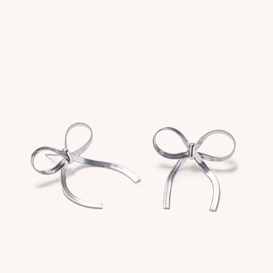 Herringbone Bow Earrings- Silver