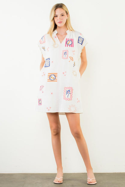 Short Sleeve Embroidered Icons Dress