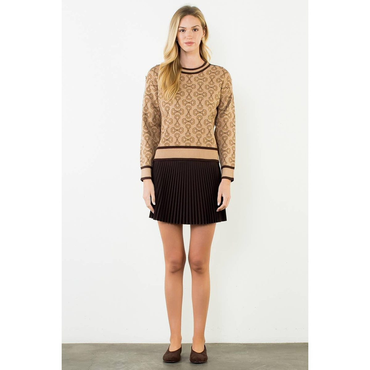 Bow Print Sweater With Button Shoulder Detail