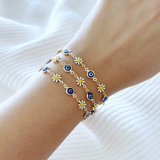 Gold Daisy Flower Bracelet with Evil Eye