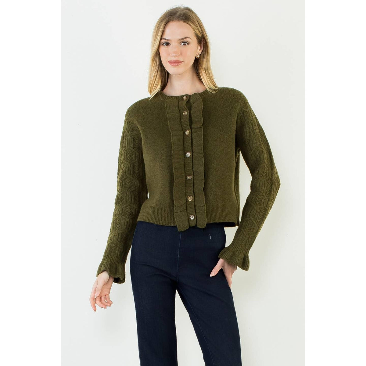 Ruffle Button Front Knit Cardigan