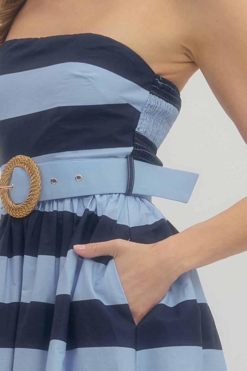 Striped Strapless Belted Midi Dress