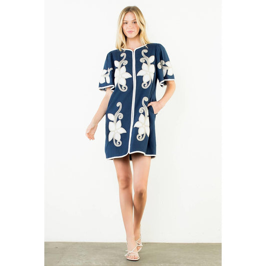 Short Sleeve Floral Embroidery Detail Dress