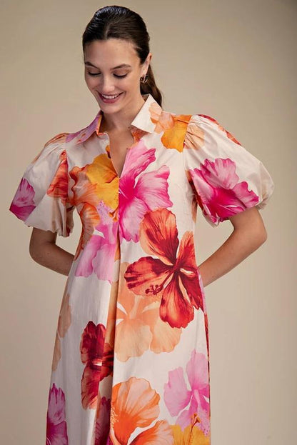 Collar V-Neck Pleated Midi Dress