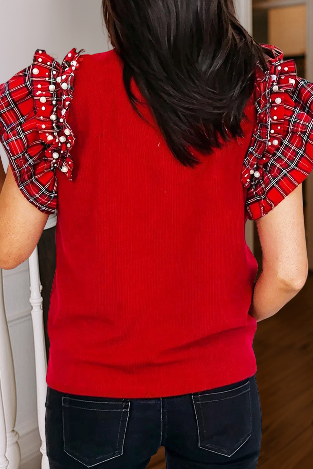 Red Plaid Pearl Ruffle Short Sleeve Christmas Blouse | S-XL