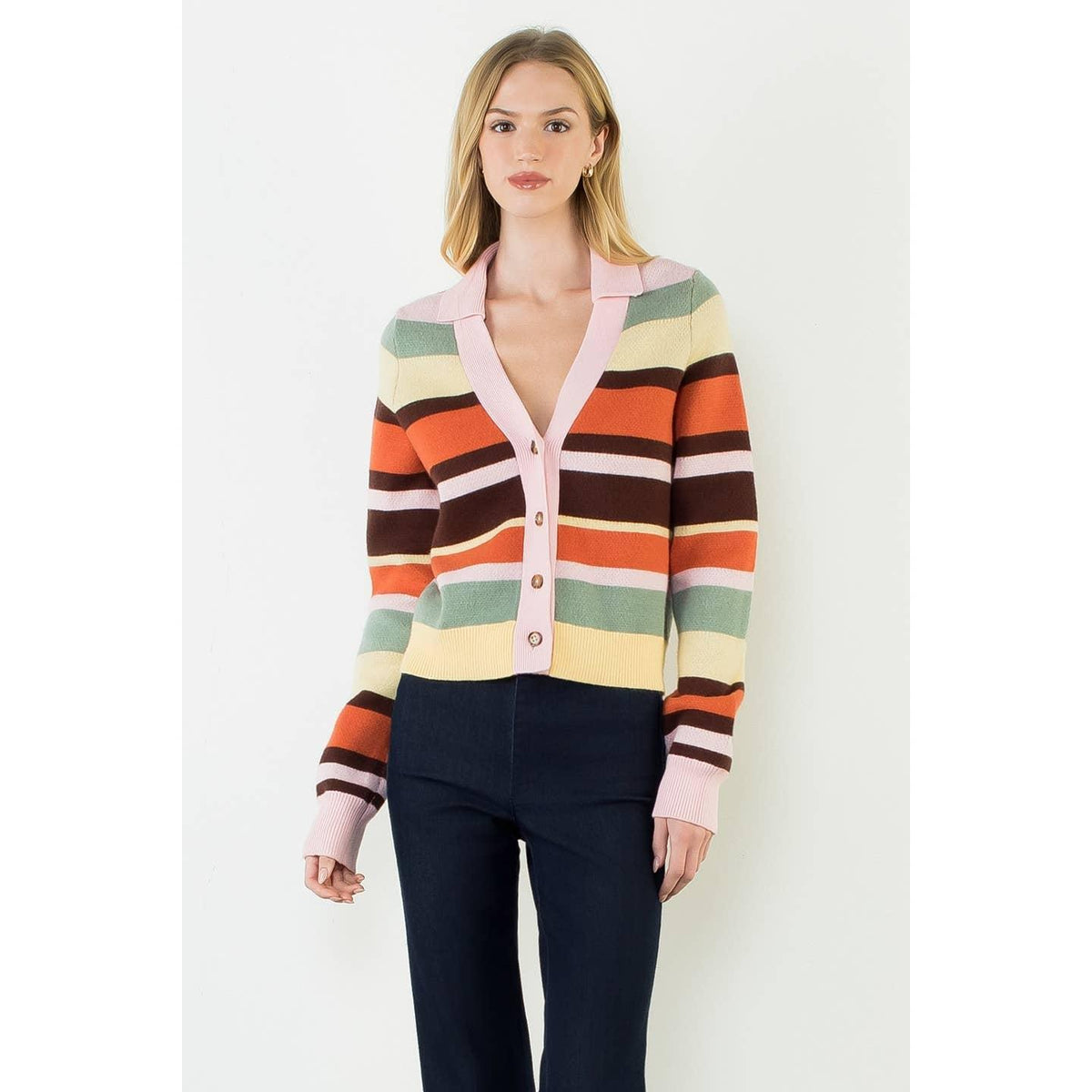 Multi Stripe Collared Colored Cardigan