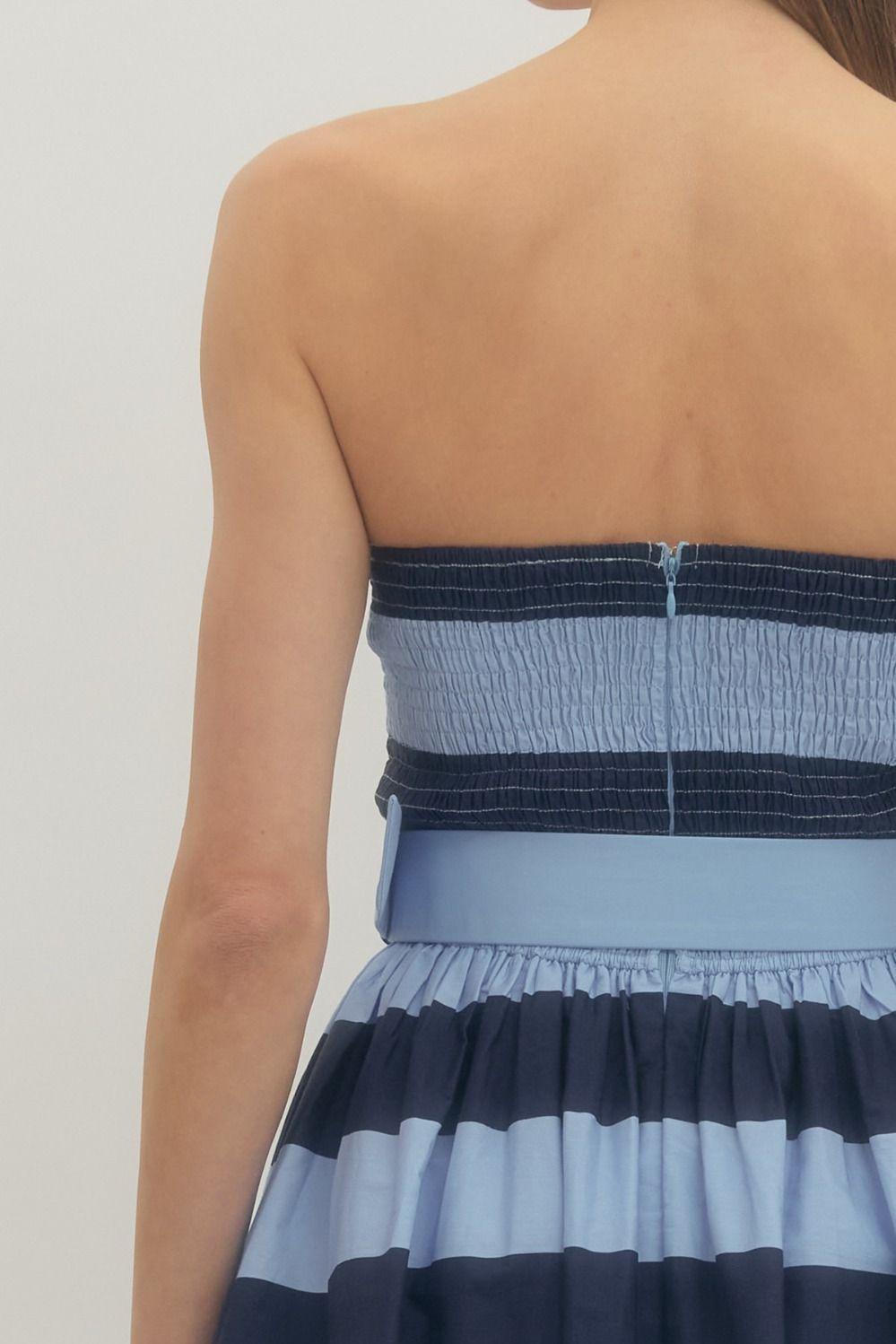 Striped Strapless Belted Midi Dress