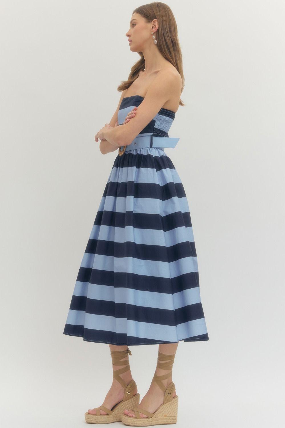 Striped Strapless Belted Midi Dress